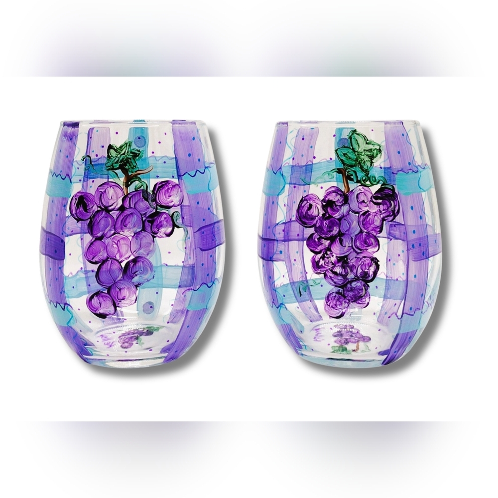Hand Painted Clear Glass Grape Vine Stemless Wine Glasses 20 fl oz.